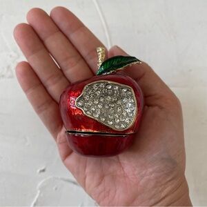 Vintage Red Apple enameled With Rhinestones Trinket Jewelry Box Ring Box